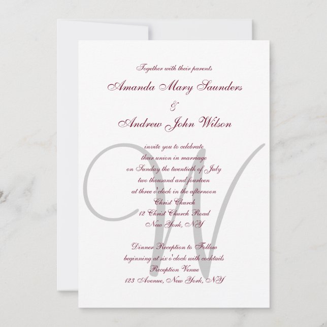 Elegant Burgundy Gray Monogram Formal Wedding Einladung (Rückseite)