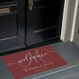 Elegant Burgundy Gray Monogram Script Name Wedding Fußmatte