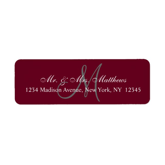 Elegant Burgundy Gray Monogram Wedding Address (Vorne)