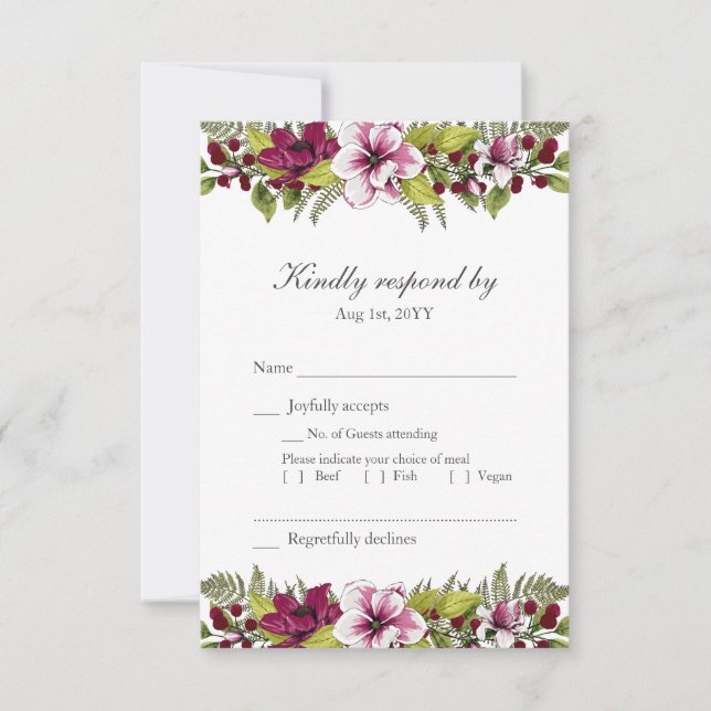 Elegant Burgundy Greenery Floral Wedding QR Code RSVP Karte (Vorderseite)