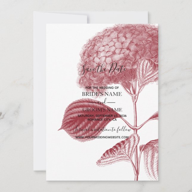 Elegant Burgundy Hydrangea Wedding Save The Date (Vorderseite)
