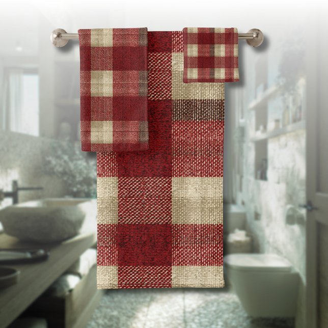 Elegant Burgundy Ivory Rust Red Plaid Pattern Badhandtuch Set (Von Creator hochgeladen)