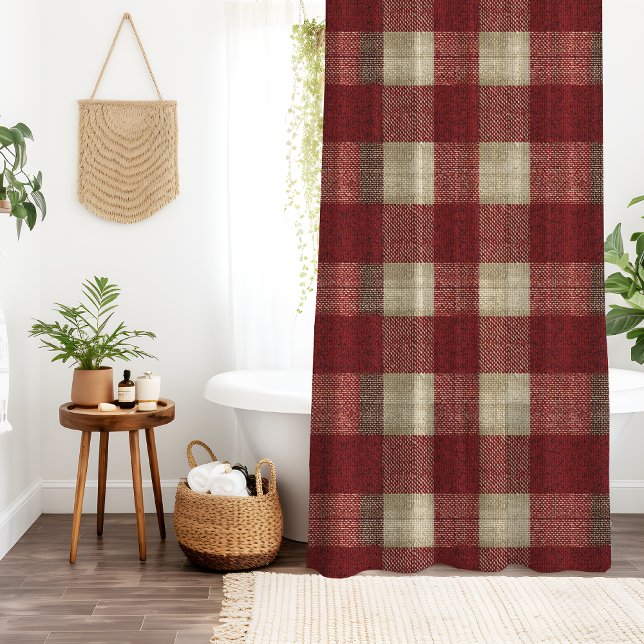 Elegant Burgundy Ivory Rust Red Plaid Pattern Duschvorhang (Von Creator hochgeladen)