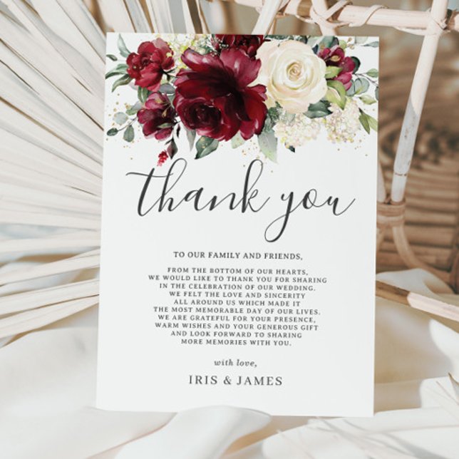 Elegant Burgundy Ivory White Floral Wedding Dankeskarte (Von Creator hochgeladen)