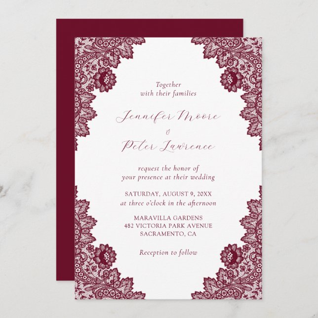 Elegant Burgundy Lace Wedding Einladung (Vorne/Hinten)