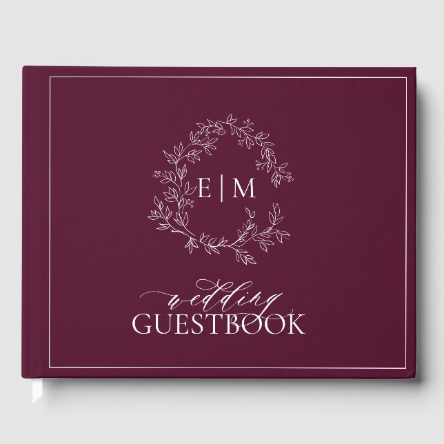 Elegant Burgundy Leafy Wappen Monogram Wedding Gästebuch (Vorderseite)