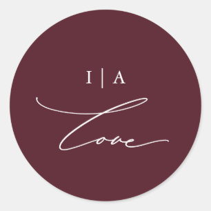 Elegant Burgundy Liebe Calligraphy Monogram Weddin Runder Aufkleber