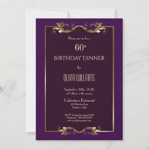 Elegant Burgundy Lila Gold 60. Geburtstagsessen Einladung