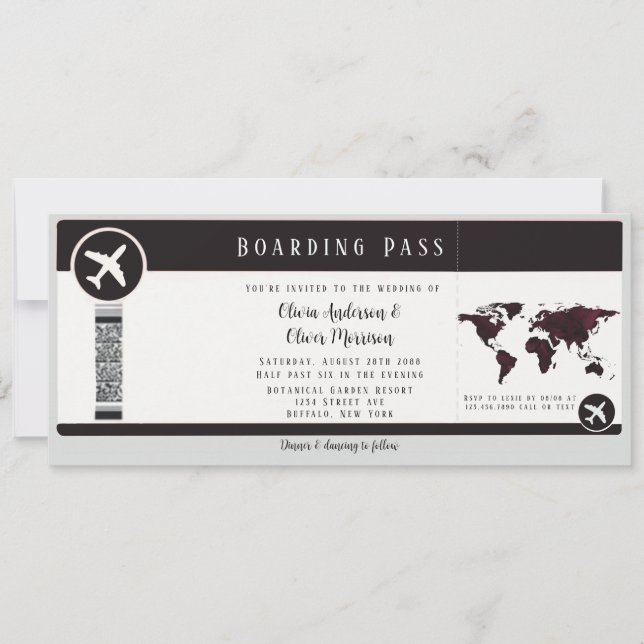 Elegant Burgundy Map Boarding Pass Wedding Einladung (Vorderseite)