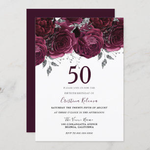 Elegant Burgundy Maroon Rose 50. Geburtstagsparty Einladung