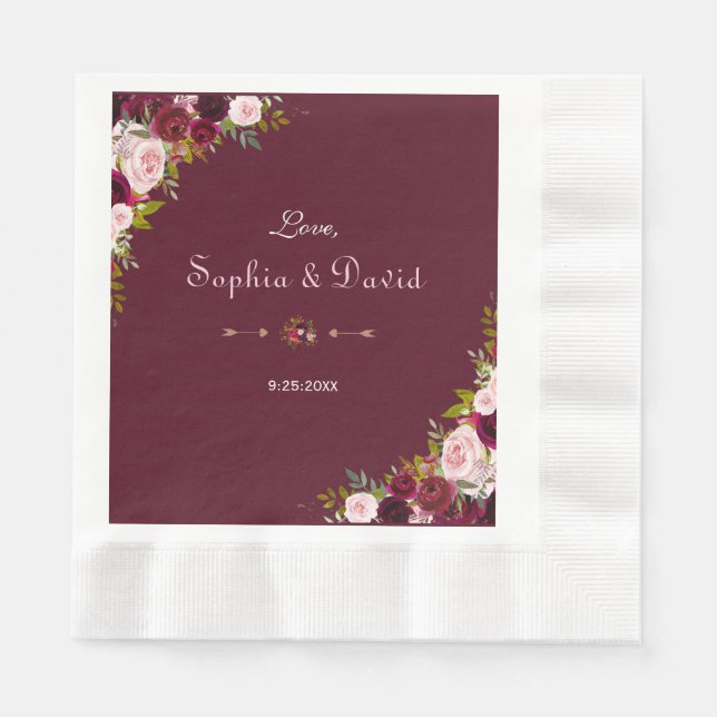 Elegant Burgundy Marsala Floral Wedding Serviette (Vorderseite)