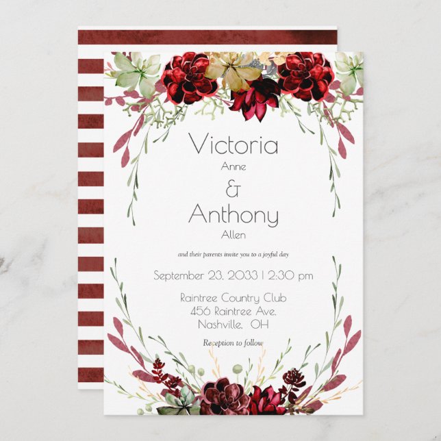 Elegant Burgundy Marsala Succulents Wedding Einladung (Vorne/Hinten)