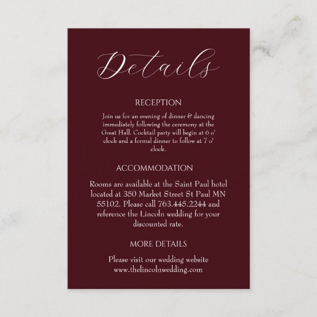 Elegant Burgundy Minimalist Wedding Begleitkarte (Vorderseite)