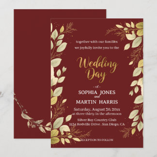 Elegant Burgundy Modern Gold Botanical Wedding Einladung