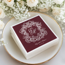 Elegant Burgundy Monogram Crest Script Wedding Serviette