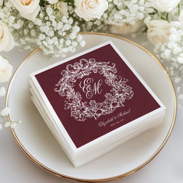 Elegant Burgundy Monogram Crest Script Wedding Serviette (Von Creator hochgeladen)