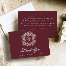Elegant Burgundy Monogram Crest Vintage Wedding  Dankeskarte