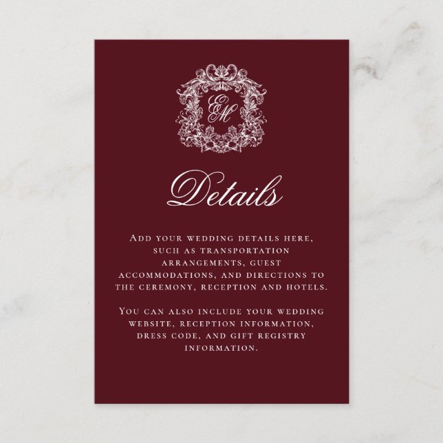 Elegant Burgundy Monogram Crest Wedding Details Begleitkarte (Vorderseite)