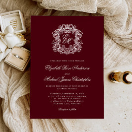Elegant Burgundy Monogram Crest Wedding Einladung