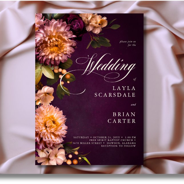 Elegant Burgundy Moody Floral Script Wedding Einladung (Elegant Burgundy Moody Floral Script Wedding Invitation)