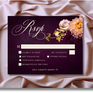 Elegant Burgundy Moody Floral Script Wedding RSVP Karte