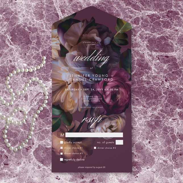 Elegant Burgundy Moody Floral Wedding Dinner All In One Einladung (Elegant Burgundy Moody Floral Wedding Dinner All In One Invitation)