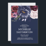 Elegant Burgundy Navy Blue Floral 60. Geburtstag Einladung<br><div class="desc">Elegante 60. Geburtstagsfeier für Damen mit bordeauxroten,  marineblau-blauen,  weißen Blume und Grünpflanzen auf marineblauem Hintergrund. Kontaktieren Sie mich für Hilfe bei der Anpassung oder für die Abstimmung oder Koordination von Zazzle Produkten.</div>