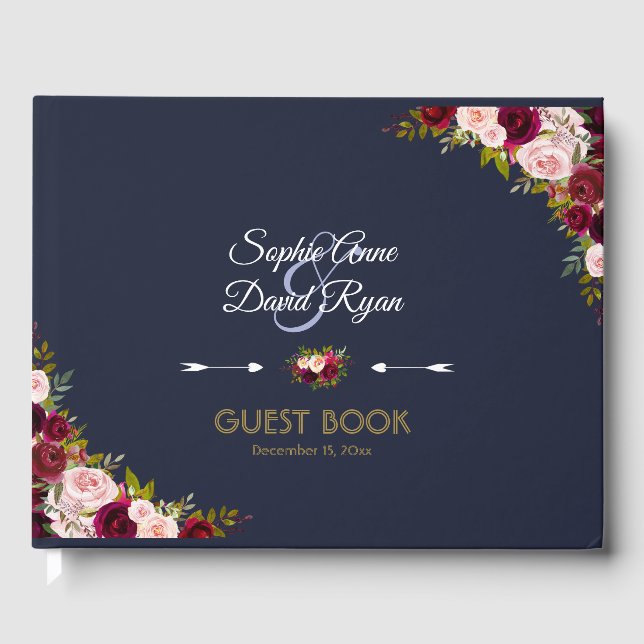 Elegant Burgundy Navy Blue Floral Wedding Gästebuch (Vorderseite)
