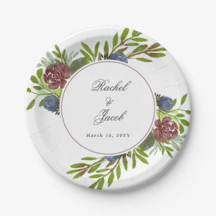 Elegant Burgundy Navy Blue Floral Wedding Pappteller