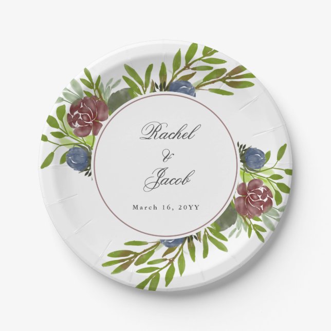Elegant Burgundy Navy Blue Floral Wedding Pappteller (Vorderseite)