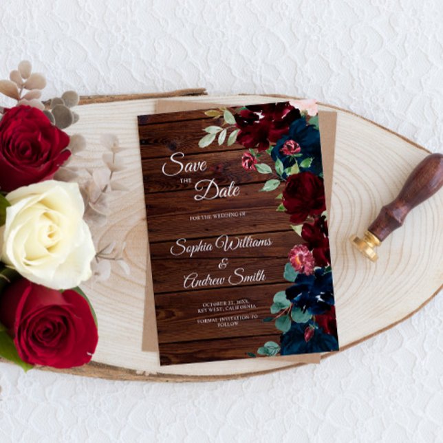 Elegant Burgundy & Navy Blumen Holz Save The Date (Von Creator hochgeladen)