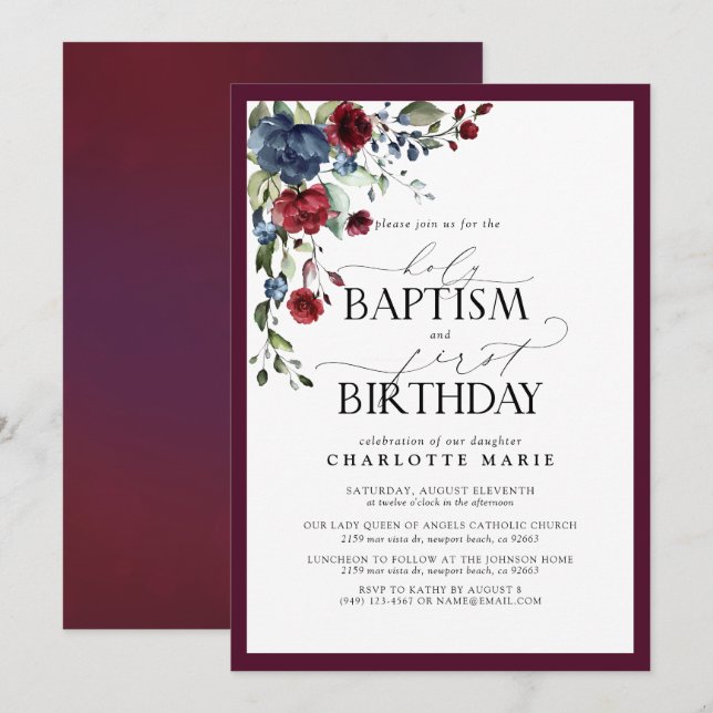 Elegant Burgundy Navy Blumentaufen 1. Geburtstag Einladung (Vorne/Hinten)