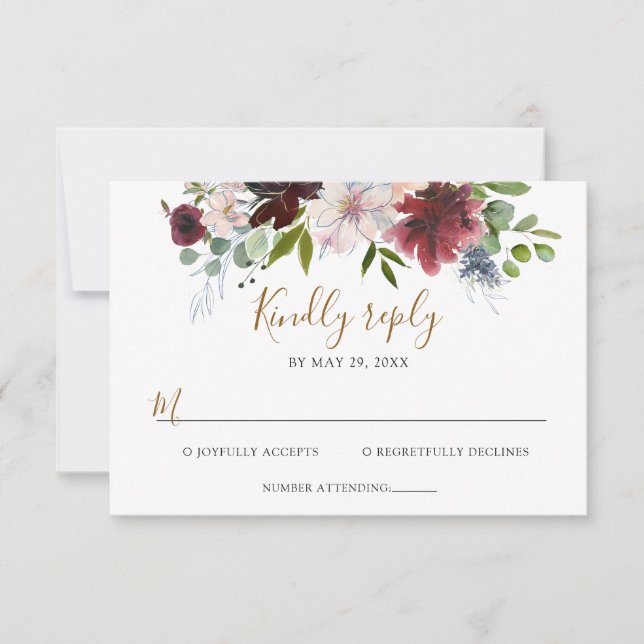 Elegant Burgundy Navy Floral with Greenerity Weddi RSVP Karte (Vorderseite)