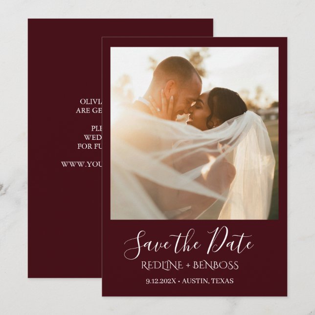Elegant Burgundy One Photo Wedding Save The Date (Vorne/Hinten)