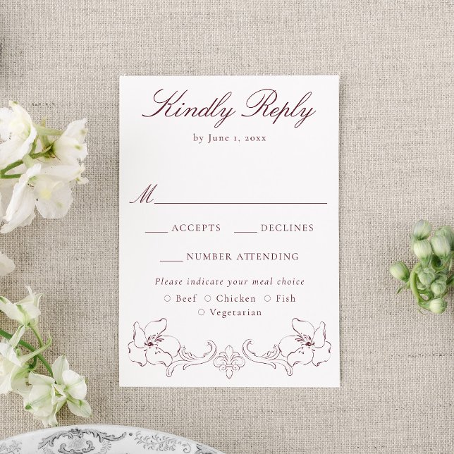 Elegant Burgundy Ornate Floral Wedding RSVP Karte (Von Creator hochgeladen)