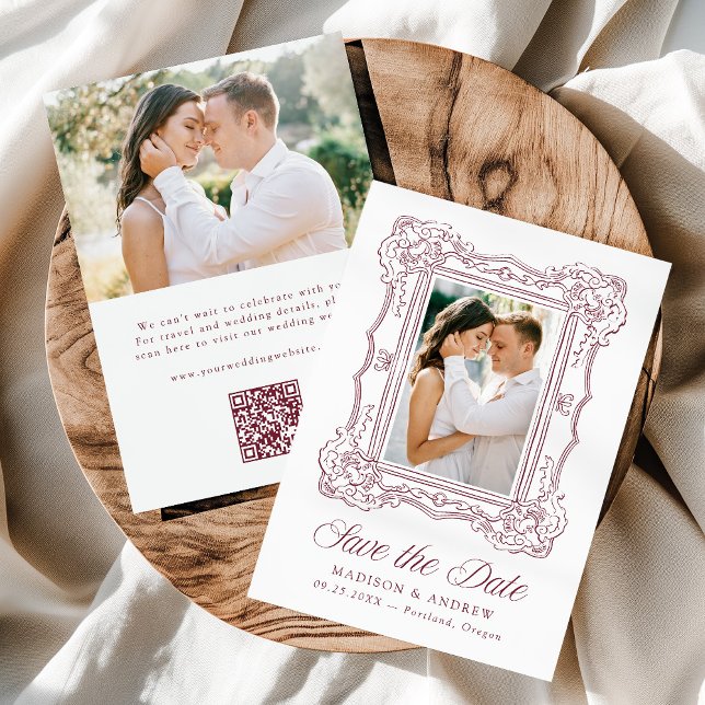 Elegant Burgundy Ornate Frame QR Code Wedding Save The Date (Von Creator hochgeladen)