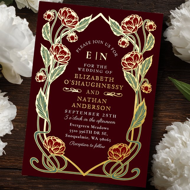 Elegant Burgundy Peony Art Nouveau Floral Wedding Folieneinladung (Von Creator hochgeladen)