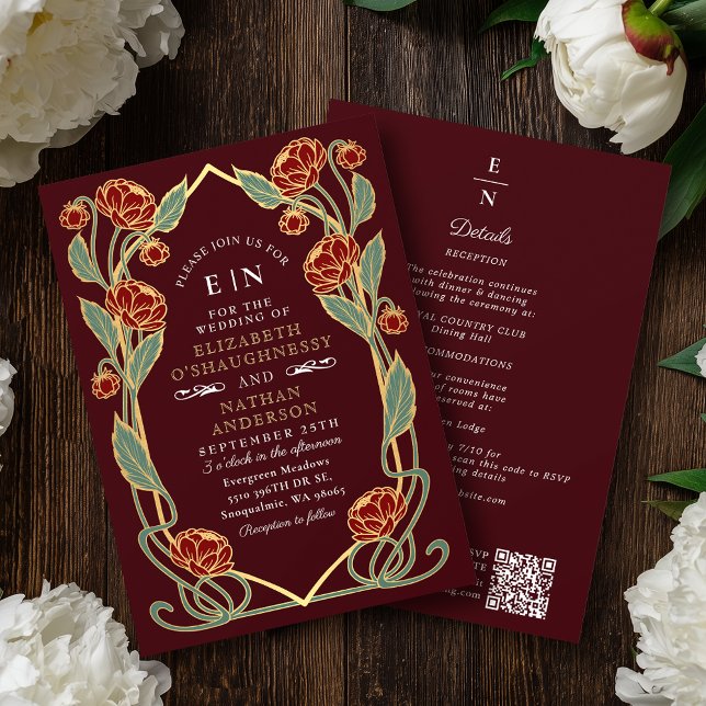 Elegant Burgundy Peony Art Nouveau QR Code Wedding Einladung (Von Creator hochgeladen)