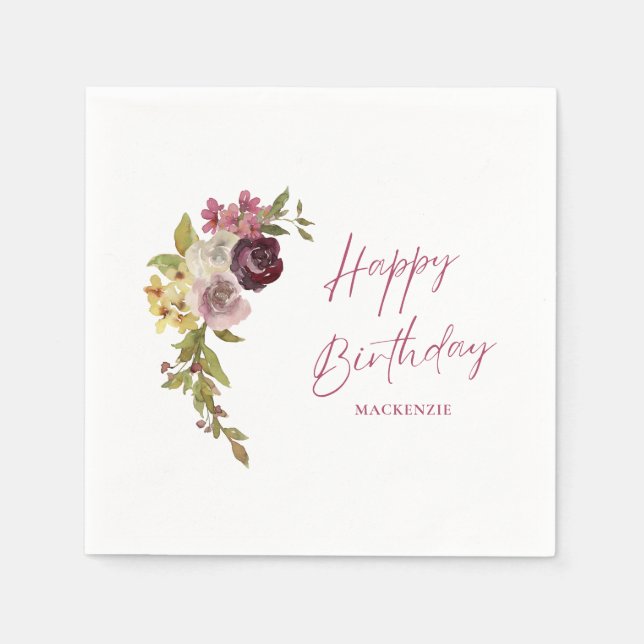 Elegant Burgundy Pink Floral 40. Geburtstag Serviette (Vorderseite)