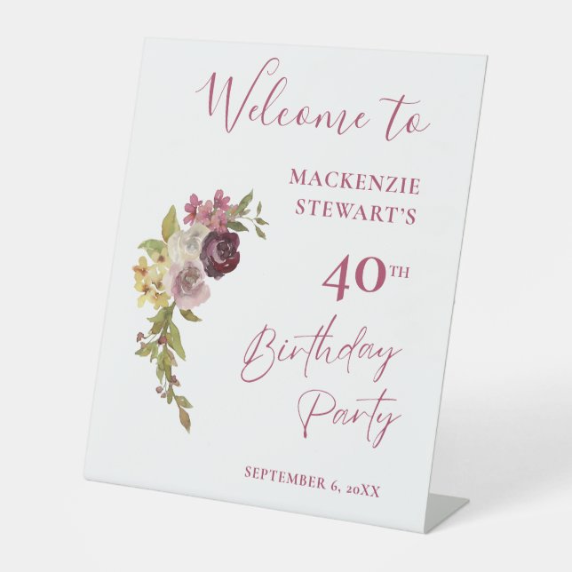Elegant Burgundy Pink Floral 40. Geburtstag Sockelschild (Vorderseite)
