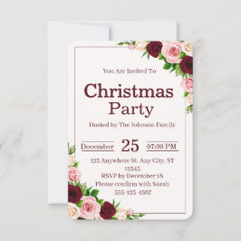 Elegant Burgundy Pink Floral Christmas Party Einladung