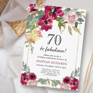 Elegant Burgundy Pink Gold Floral 70. Geburtstag Einladung