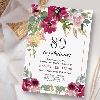 Elegant Burgundy Pink Gold Floral 80. Geburtstag Einladung