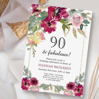 Elegant Burgundy Pink Gold Floral 90. Geburtstag Einladung