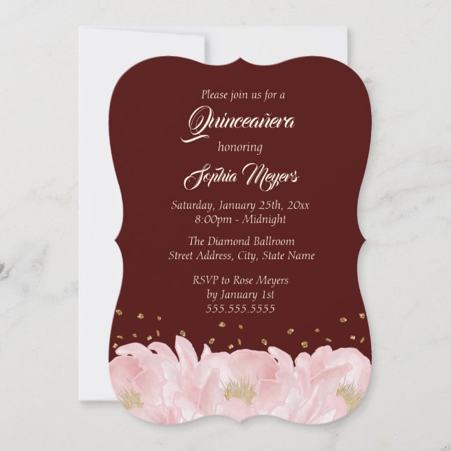 Elegant Burgundy Pink Gold Peony Quinceanera Einladung (Vorderseite)