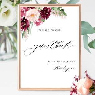 Elegant Burgundy Pink Wedding Gästebuchunterschrif Poster