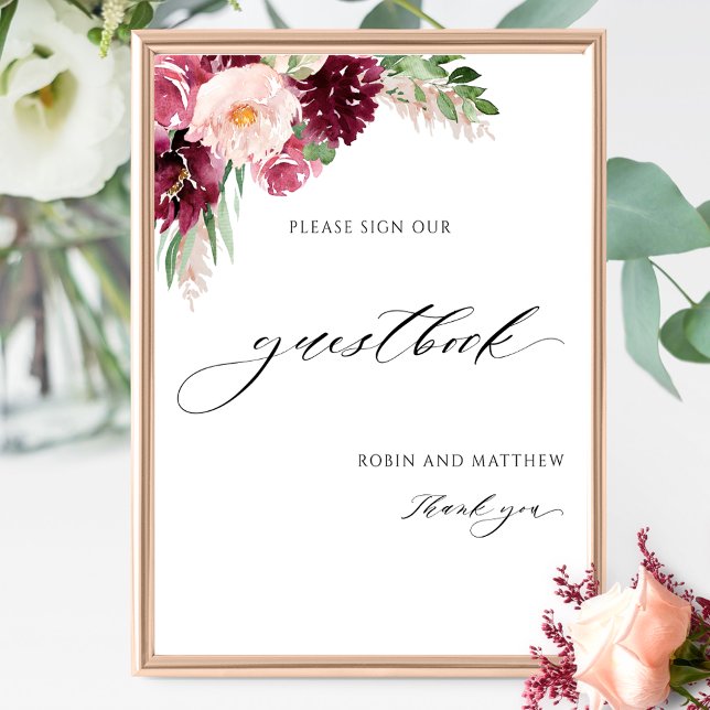 Elegant Burgundy Pink Wedding Gästebuchunterschrif Poster (Von Creator hochgeladen)