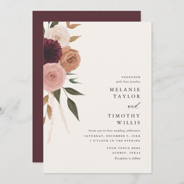 Elegant Burgundy Plum Floral Wedding Einladung (Vorne/Hinten)