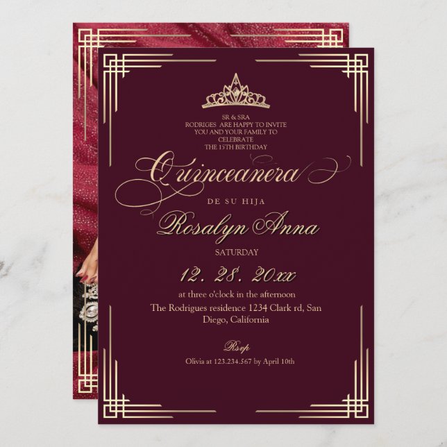 Elegant Burgundy Princess Quinceañera  Einladung (Vorne/Hinten)