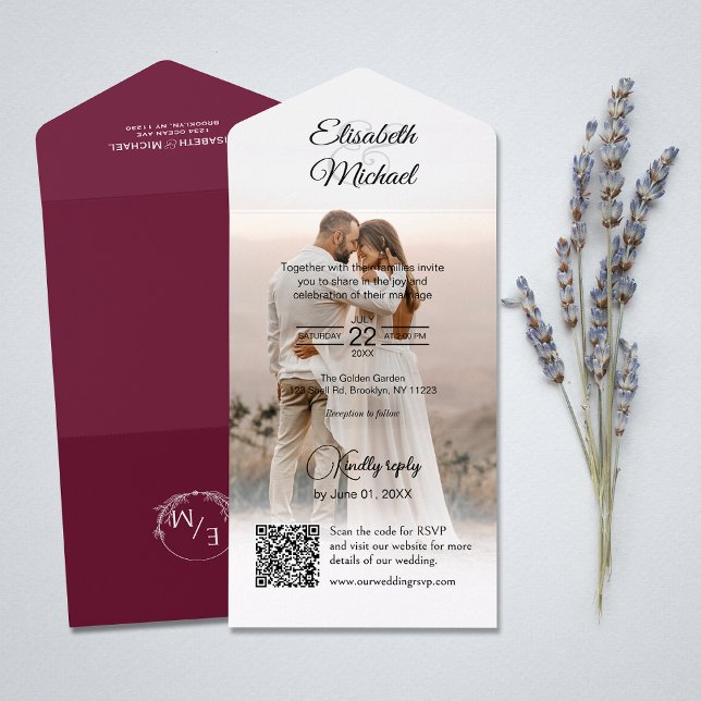 Elegant Burgundy QR Code Foto Wedding All In One Einladung (All-in-one wedding invitation with QR code to RSVP - Simplify and save time for you and your guests.)